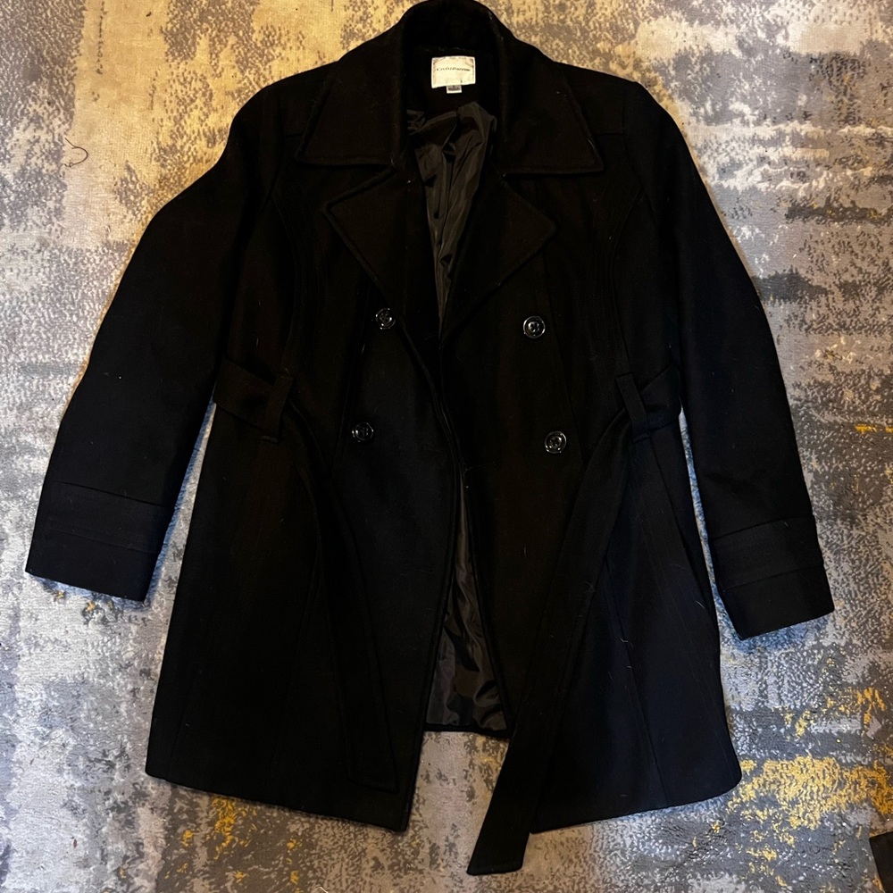 Croft & Barrow Black Wool Blend Belted Coat | Double-Breasted | Size L